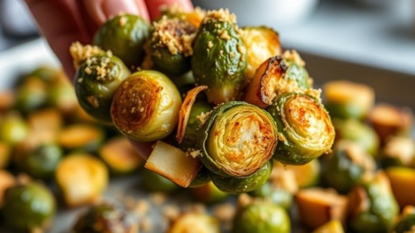 Golden Parmesan-Crusted Brussels Sprouts on a spatula, close-up.