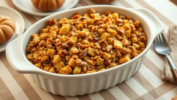 Golden brown Thanksgiving stuffing recipe in white dish.