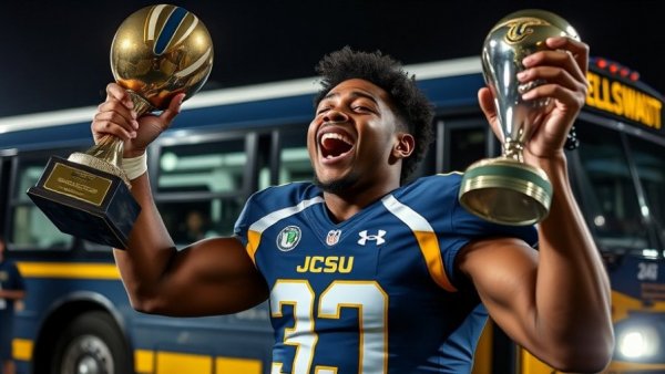 JCSU football player enthusiastically celebrating CIAA win with trophy.