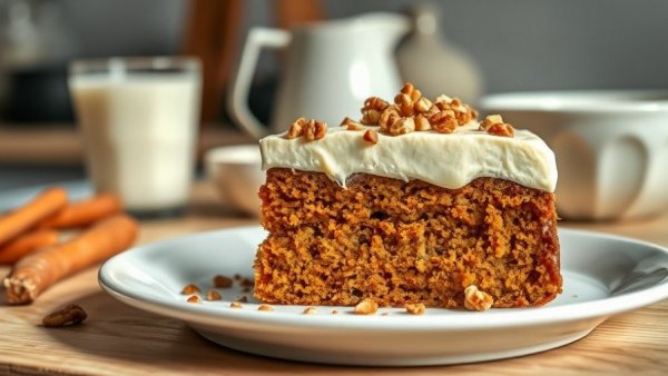 A slice of vegan gluten-free carrot cake with frosting and nuts.