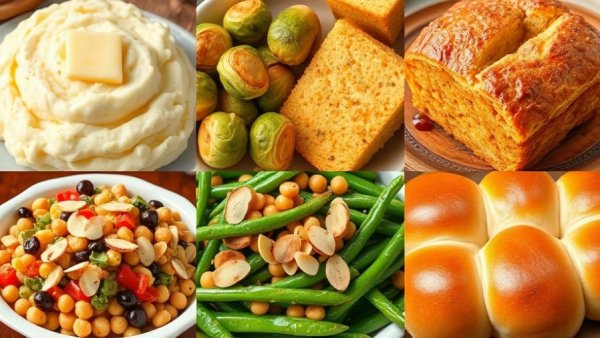 Colorful collage of unique Thanksgiving side dishes assortment.