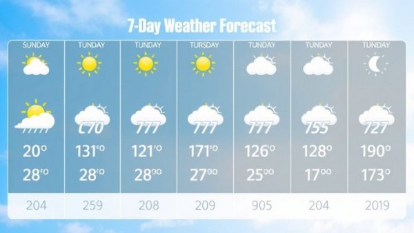 7-day forecast chart showing cooler dry weather and slight temperature changes.