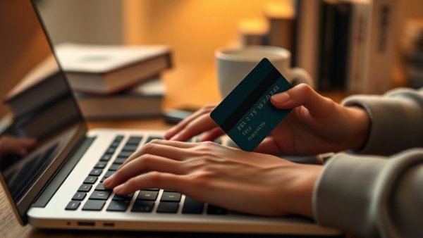 Hands holding credit card, laptop typing, online payment.