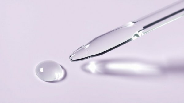 Glycolic acid benefits: dropper with skincare solution on lilac surface.