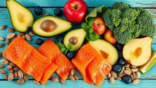 Assorted foods that reduce anxiety, vibrant scene with salmon, nuts, and fruits.