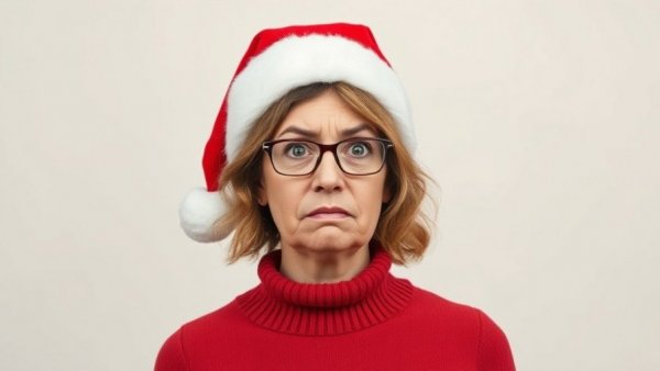 Frustrated woman in Christmas attire demonstrating bloated expression.