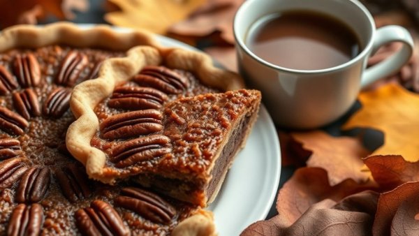 Delicious vegan pecan pie slice with coffee and fall leaves.