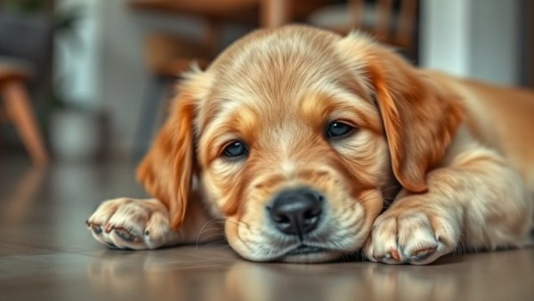 Calm golden retriever puppy lying on floor, showcasing nonprofit accountability.