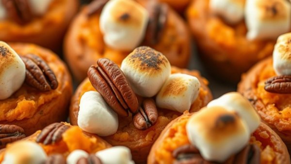 Sweet potato bites recipe with marshmallows and pecans, close-up view.