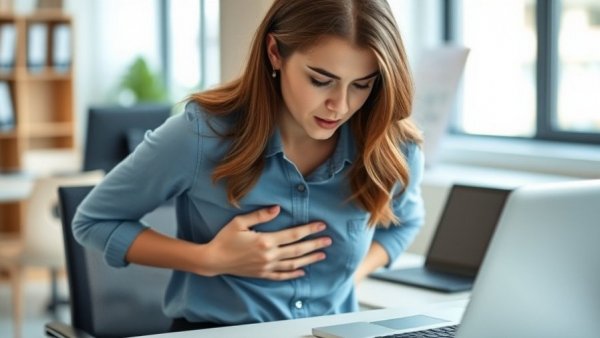 Young woman managing irritable bowel syndrome at work.