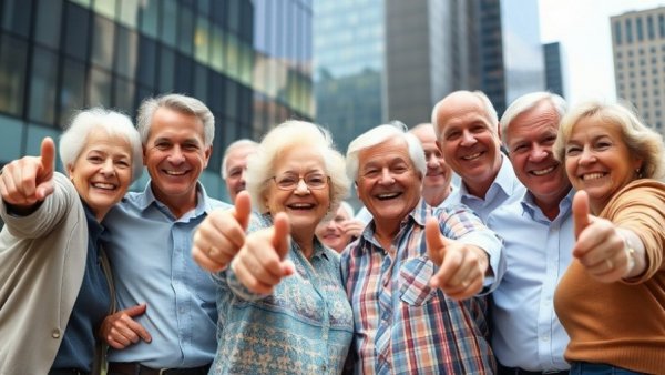 Joyful seniors in a city setting, thriving community.