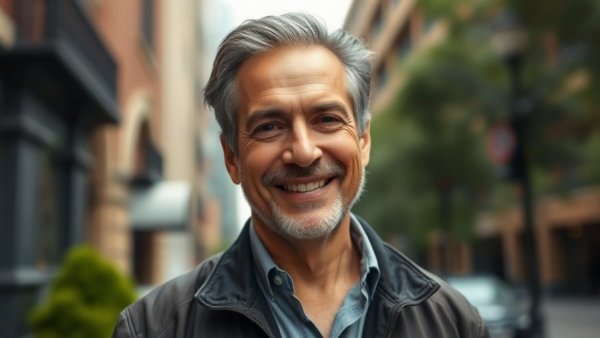 Middle-aged man smiling in an urban setting highlighting importance of mental health care access.