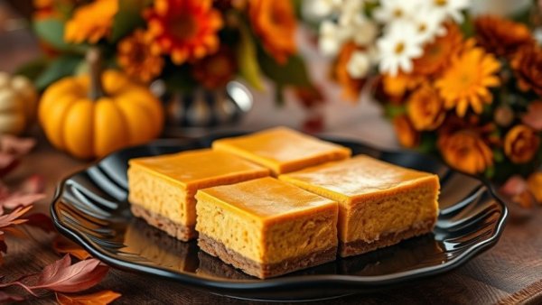 Delicious pumpkin cheesecake squares on an elegant plate.