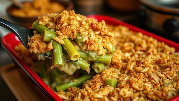 Healthy Green Bean Casserole being served from a baking dish.