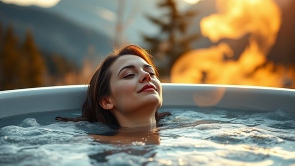 Woman enjoying hot tub outdoors, golden sunset, steam rising.