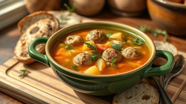 Delicious leftover turkey soup recipe with bread on a wooden table.