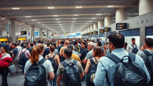Travelers line up at airport for Thanksgiving travel 2023.