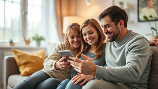 Family enjoying smartphone together, illustrating Utilizing Messaging Services as a Parent.