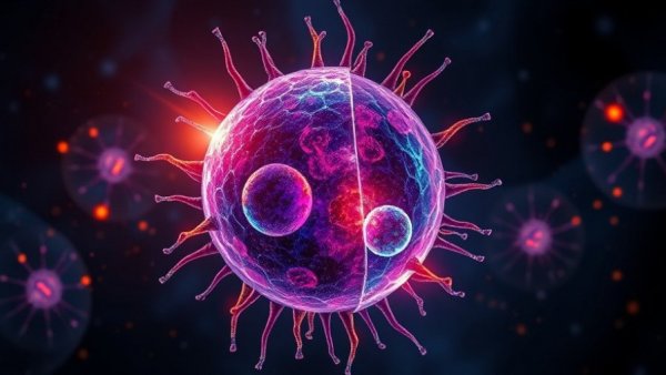 Artistic depiction of tumor plasticity and treatment in cell division.