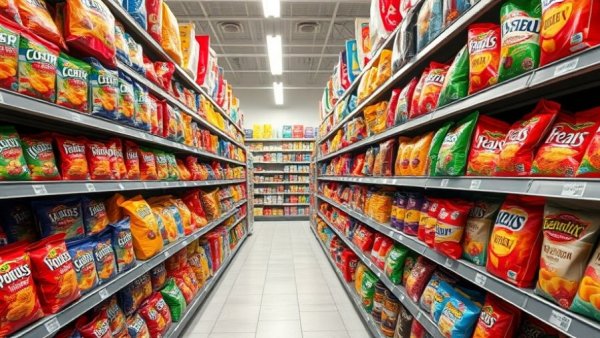 Supermarket aisle of snacks illustrating global rise in ultra-processed foods.