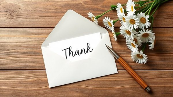 Thank you card with daisies and pen, representing nonprofits.