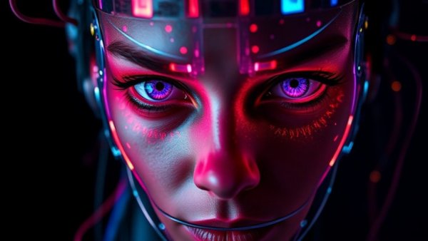 Futuristic digital face with fiber optics, illustrating personalized algorithms and learning outcomes.