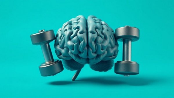 Brain lifting dumbbells, symbolizing muscle and fat link to brain health.