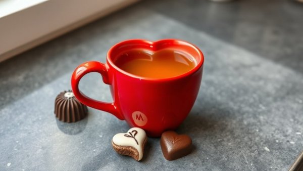 Heart-shaped mug with tea and chocolates, promoting heart health.