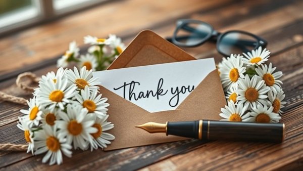 Thank you card with daisies and pen on rustic table, Attitude of Gratitude in Nonprofits.