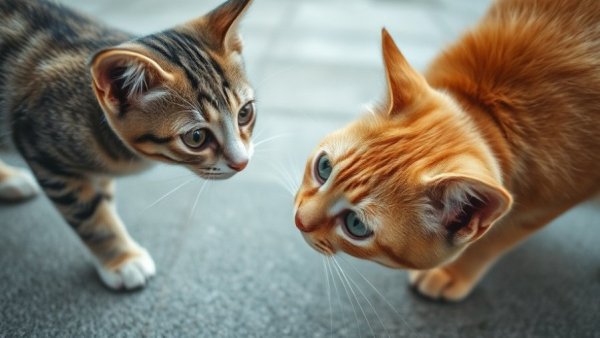 Two cats interacting on concrete surface.