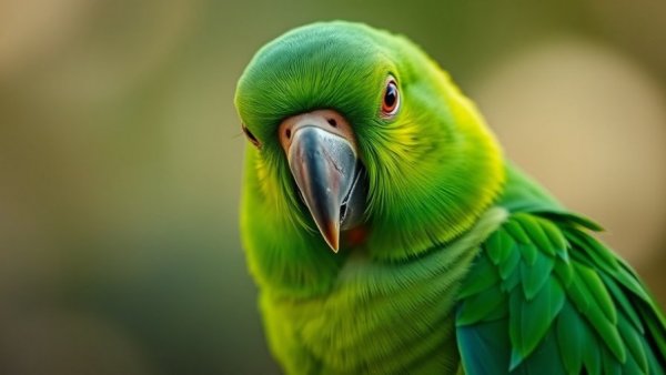 Green parrot in a calm demeanor, close-up view aligned with nonprofit theme.
