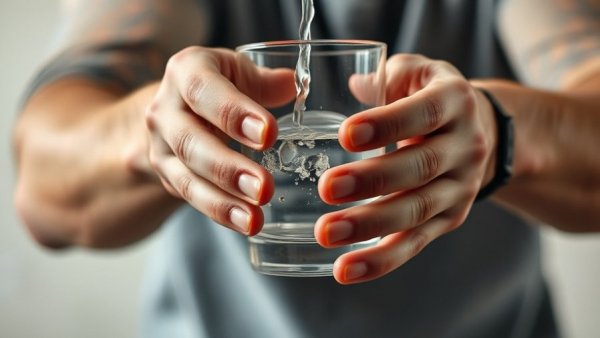 Adult male with unsteady hands holds a spilling glass of water.