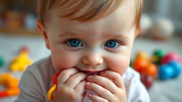 Baby chewing on colorful toy highlighting concern over toxic metals in plastic toys.