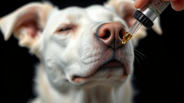 CBD for dogs aggression: white dog receives CBD oil from dropper.