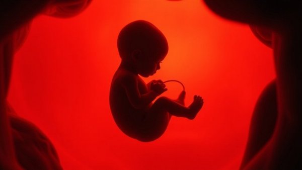 Silhouetted fetus in womb, warm lighting; Valproate risks context.