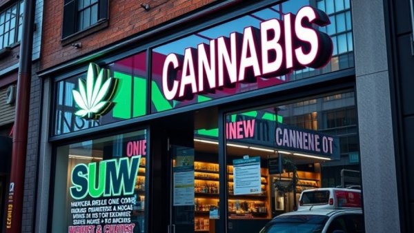 Vibrant cannabis store exterior with neon sign and glass windows.