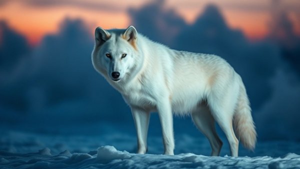 Majestic white wolf in snowy twilight landscape, hidden wolf DNA in dogs.