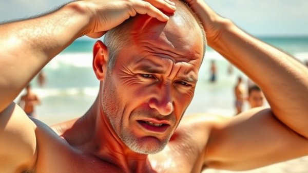Man with sunburn on the beach, highlighting UV radiation effects, YTHDF2 UV Radiation Skin Cancer Defense.