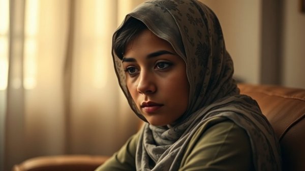 Young woman with headscarf deep in thought, increased aggressive breast cancer in young women.