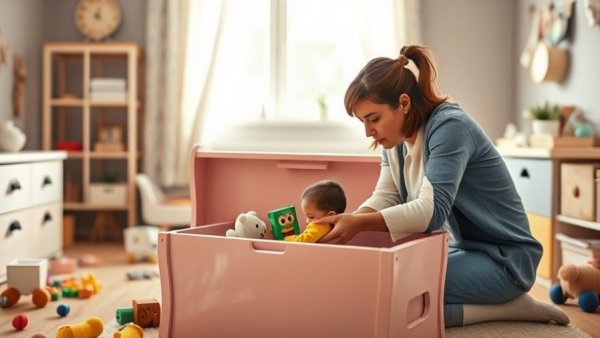 Mother and daughter reflect on packing toys in light-filled room.