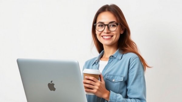 Confident young woman holding laptop and coffee, related to freshman 15 weight gain.