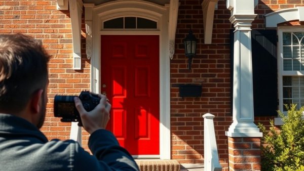 Photographer capturing a staged house front door for photo.