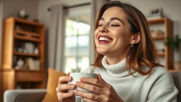 Joyful woman enjoying coffee at home, daily coffee may slow biological aging.