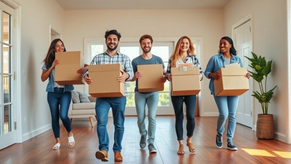 Young adults packing for a move in a bright home.