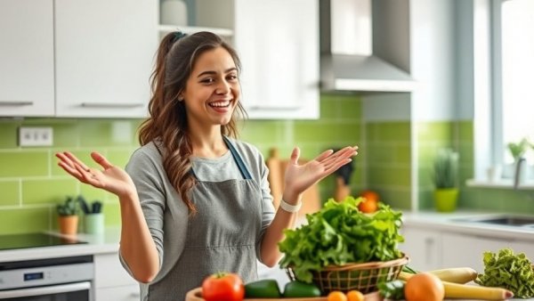 Easy kitchen upgrades, young woman in modern kitchen preparing fresh produce.