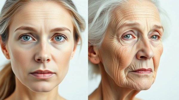 Comparison of young and aged faces showing anti-aging effects.