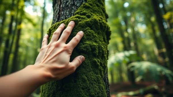 Hand touches mossy tree, symbolizing humans are built for nature not modern life.