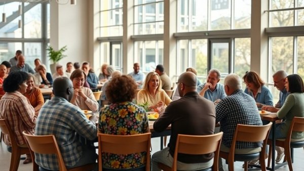 Family meal initiative gathering with diverse group sharing meal in community center.