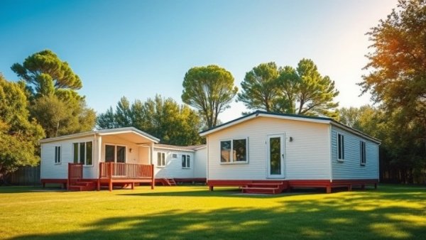 Mobile homes under clear sky, perfect for inspection.