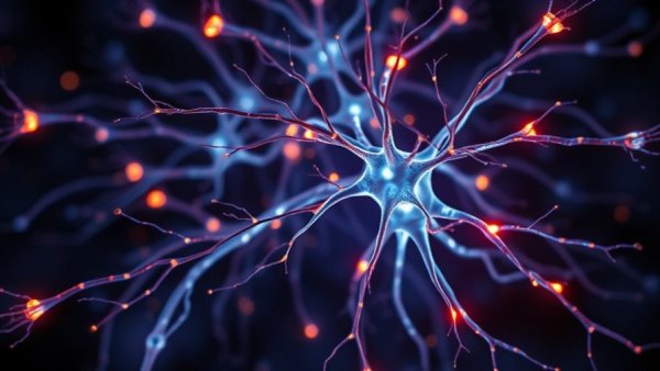 Glowing neuron network illustrating enzyme mutation neurodegeneration.